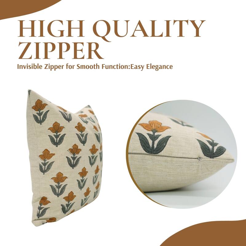 Fabdivine Hand Block Print Floral Pillow Cover Linen Cushion Case for Sofa Guest Room Fall Home Accent Gift, Shehjan