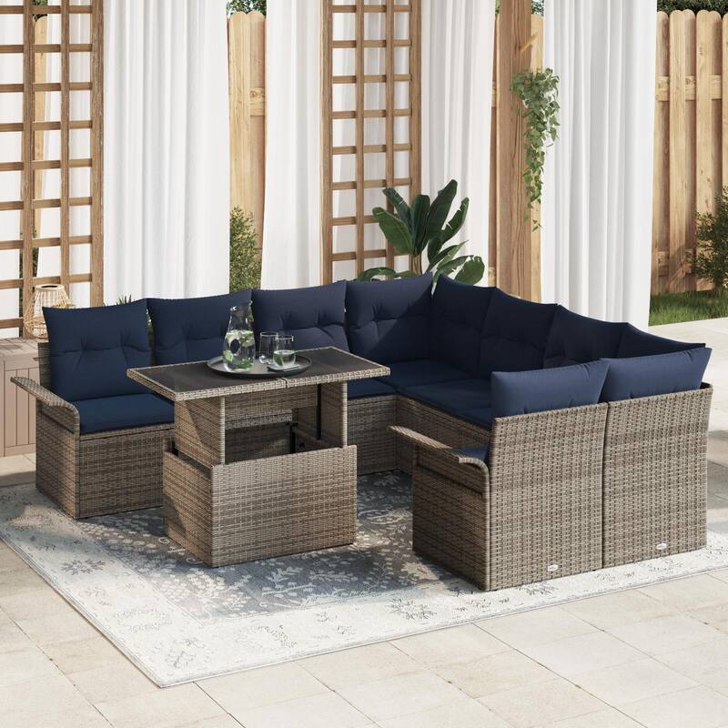 vidaXL 9 Garden Sofa Set with Cushions Black/Brown/Grey Poly Rattan - 95.5 x 92.1 x 27.2 - Grey