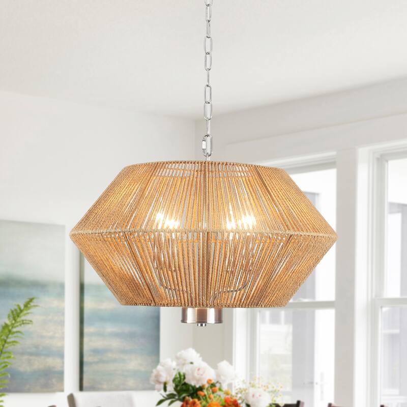 4-Light Dimmable Pendant Light, Paper Rattan Lampshade Candle Chandelier for Living Room with no bulbs included