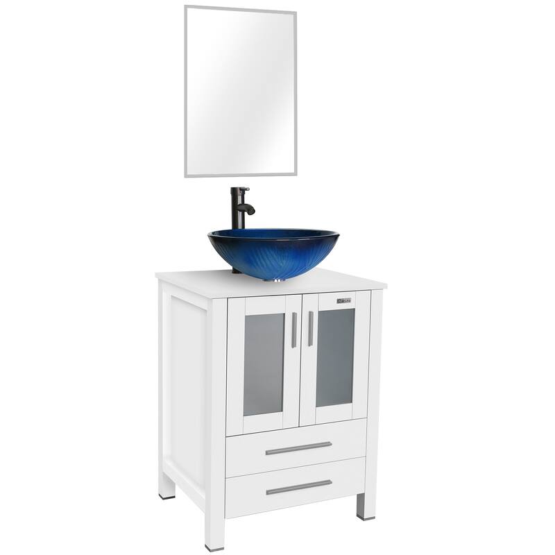 24" Bathroom Vanity White Set Glass/ Ceramic Vessel Sink Cabinet Faucet Drain Free Standing Combo