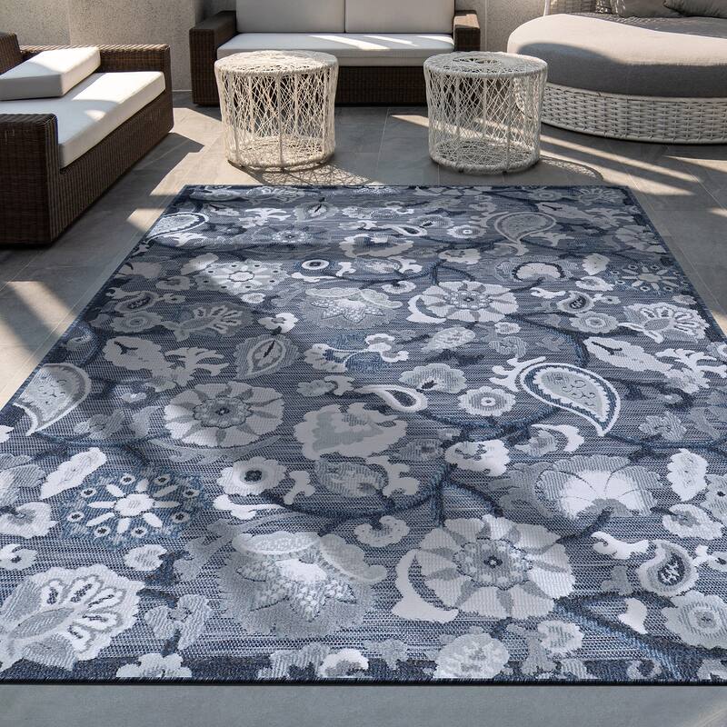 VILLADECOR Spread Indoor Outdoor Area Rug Low High Pile Rugs For Patio - Navy / Blue - 7'10" x 10'