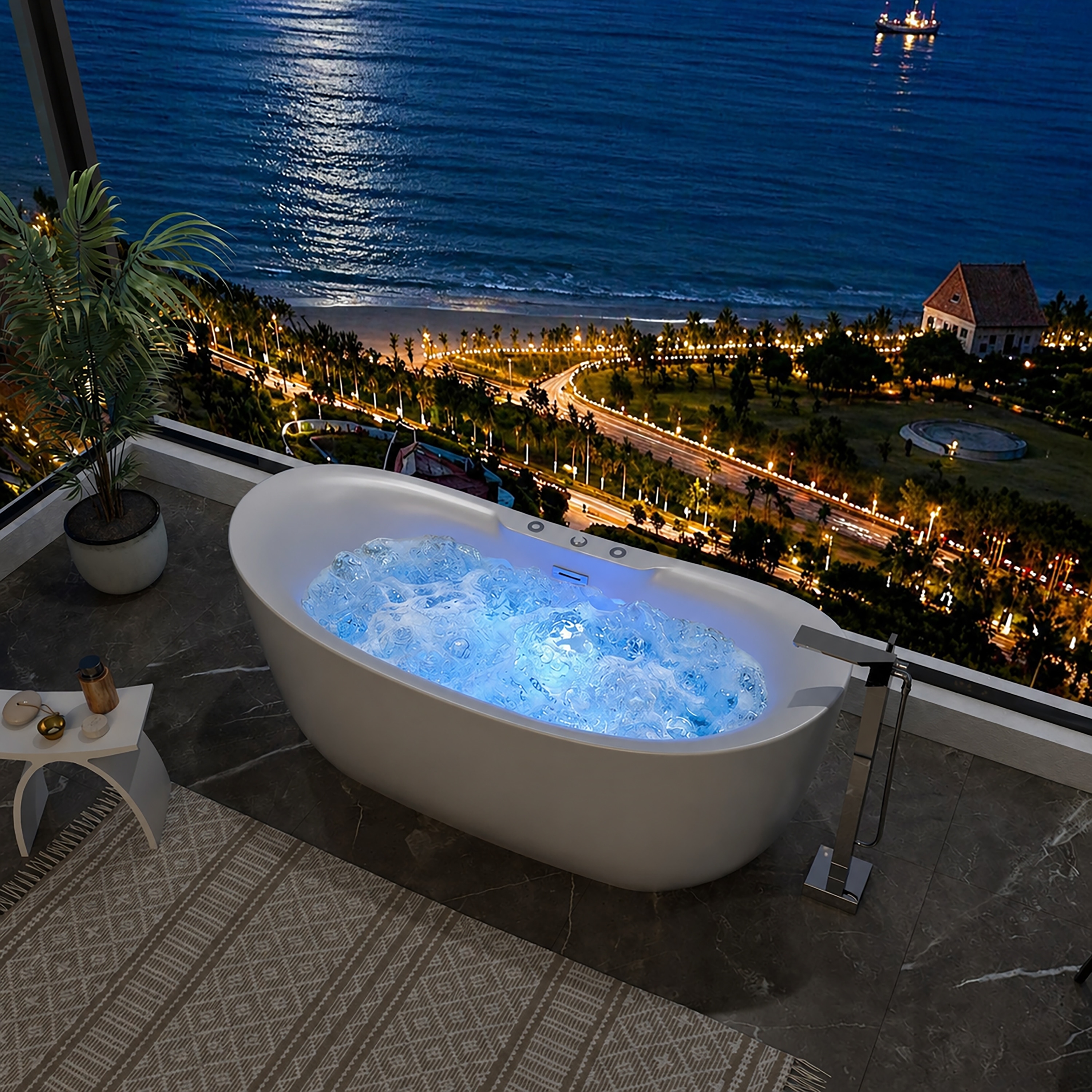 Freestanding Whirlpool & Hydrotherapy Bathtub with 10 Water Jets, 10 Air Jets, Massage Spa System and Chromotherapy LED Lighting