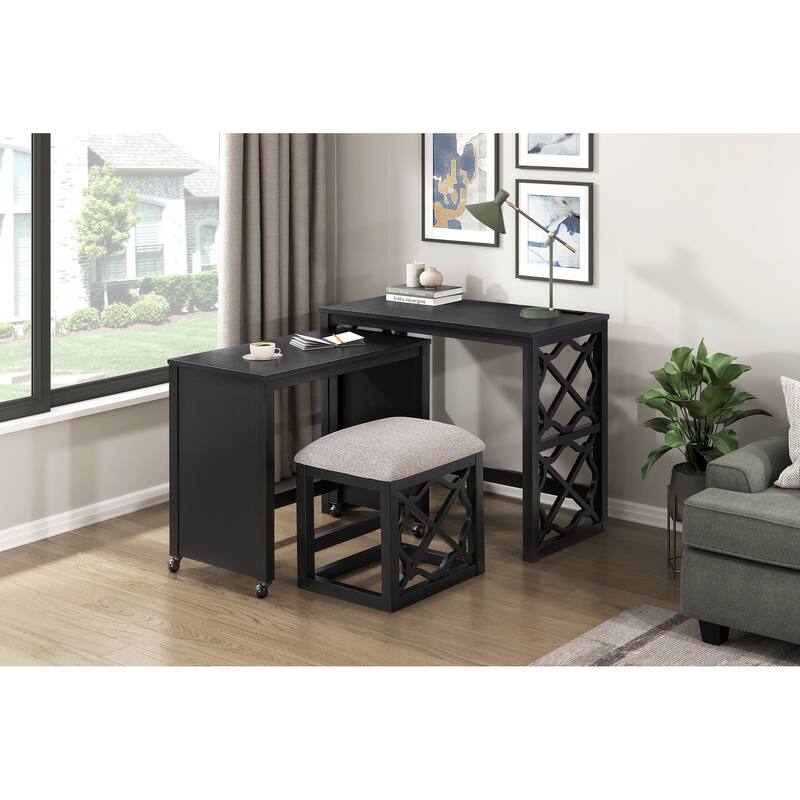 Desks and Stool Set 3pc Black Finish Rolling Desk with Casters, 2 Charging ports Home Office Furniture