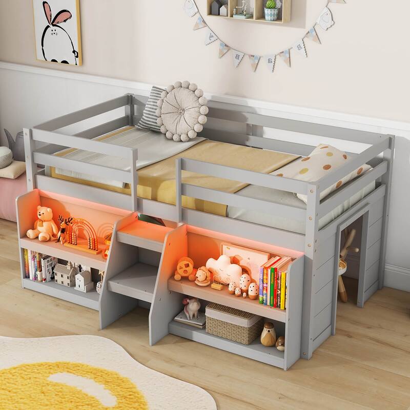 Gymax Twin Size Loft Bed w/ LED Lights Staircase & Safety Guardrail