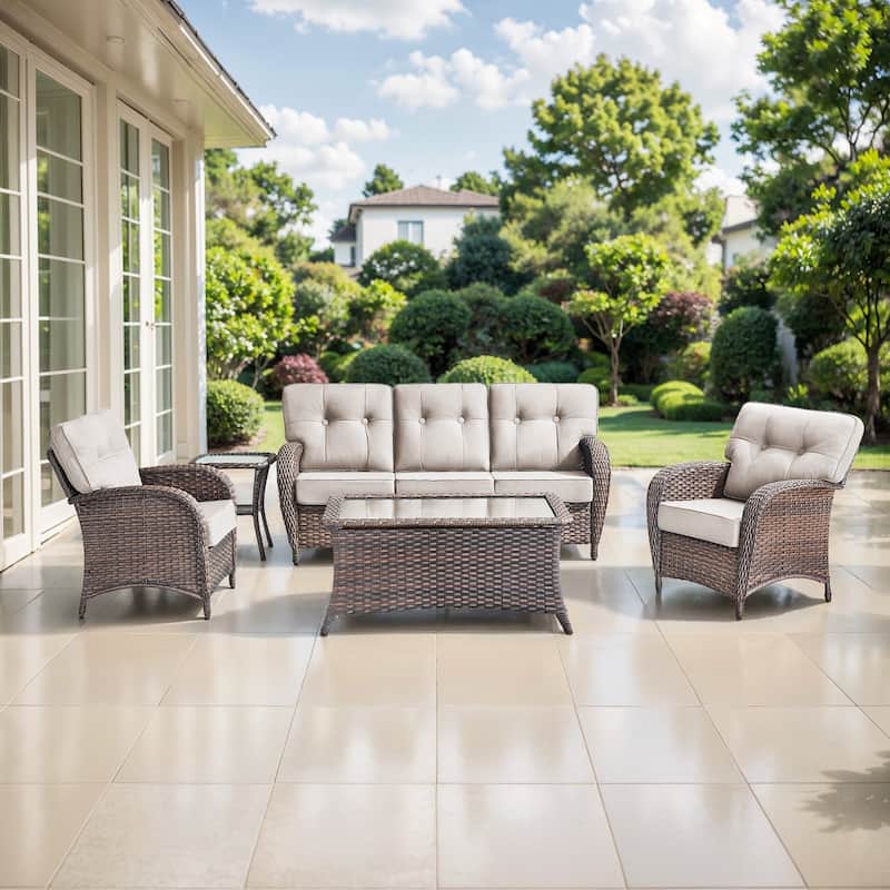 TWrap 5-Piece Patio Brown Wicker Sofa Conversation Set with 5-Inch Thick Cushions - Brown/Beige - 5-Piece