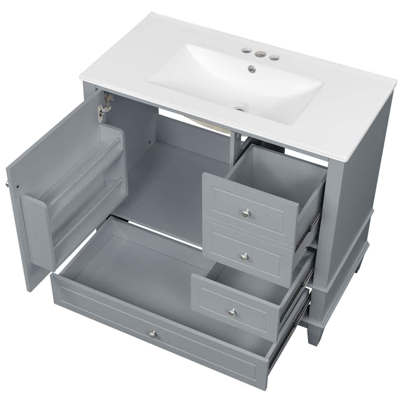 36"Bathroom Vanity with Ceramic Sink, 3 Drawers & Cabinet with Shelves, Freestanding Vanity Cabinet with 4-Inch Faucet Holes