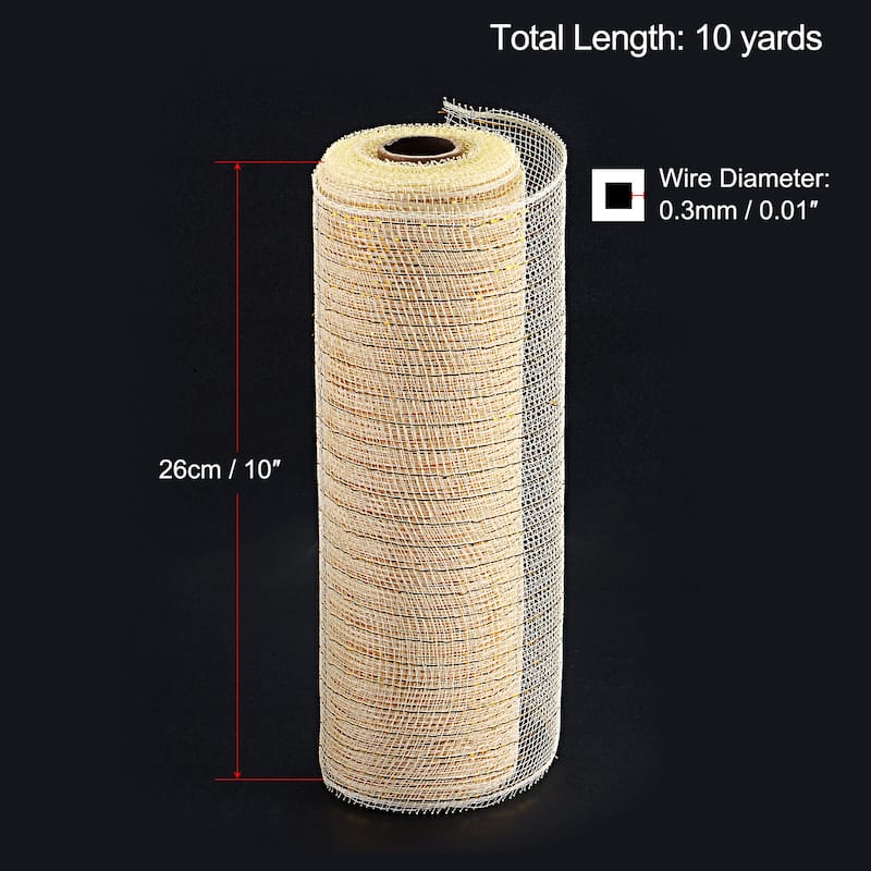 1 Roll PP Burlap Mesh 10" x 10 Yard Tinsel Foil Stripe Wrapping Ribbon - Cream+Gold