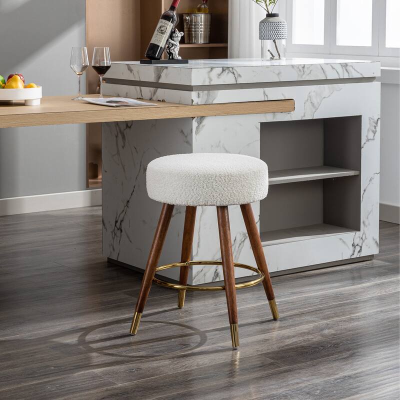 Boucle Upholstered Counter Height Stool with 360° Swivel - Mid-Century Modern Design - White