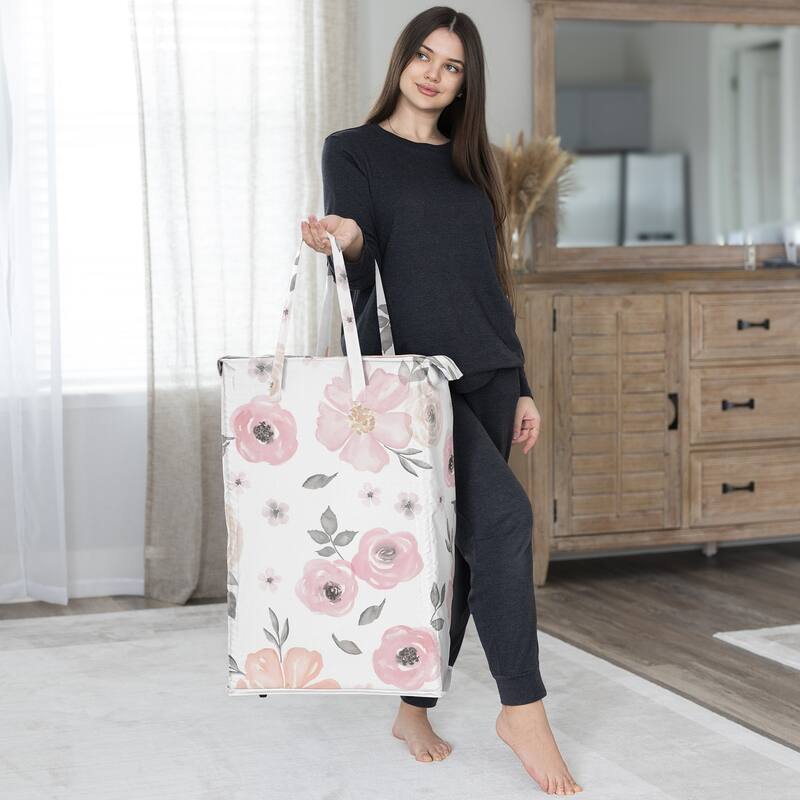 Sweet Jojo Designs Blush Pink Grey Boho Floral Girl Foldable Laundry Hamper with Handles Bohemian Farmhouse Shabby Watercolor