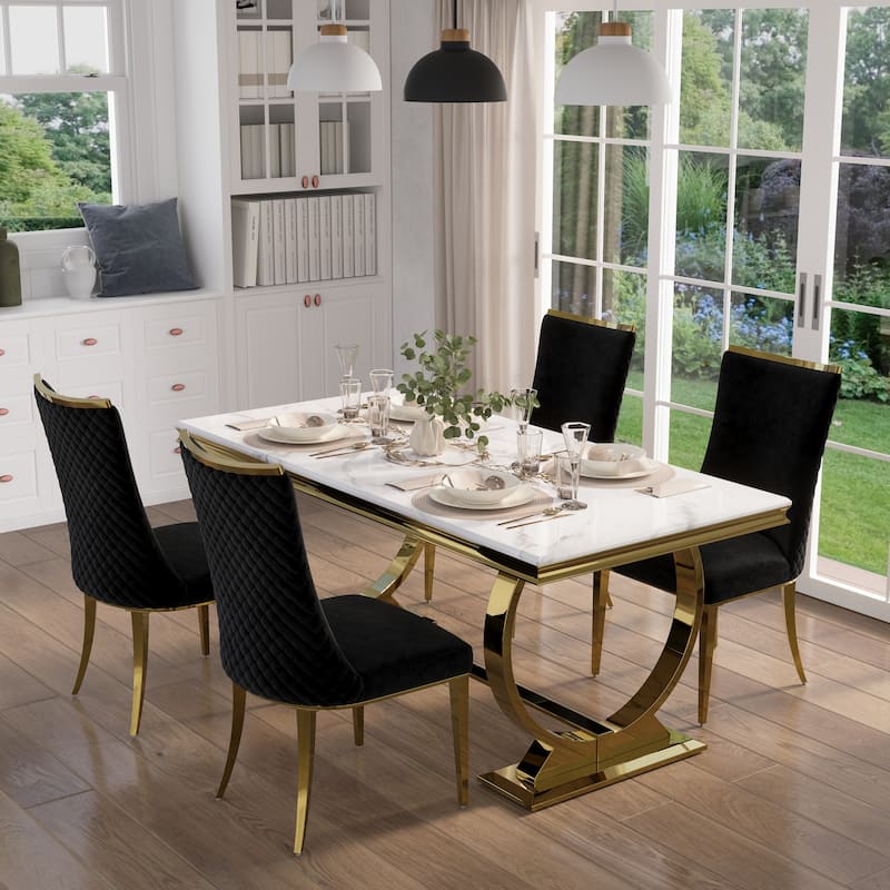 Luxurious Dining Room Table Set with Velvet Dining Chairs - White-Black - Dining Table and 4 Chairs