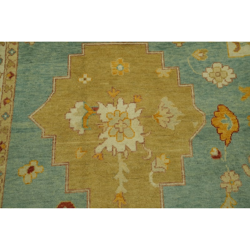 Handmade Blue Oushak Vegetable Dye Area Rug, Medallion Geometric Carpet - 13' 5'' X 10' 2''