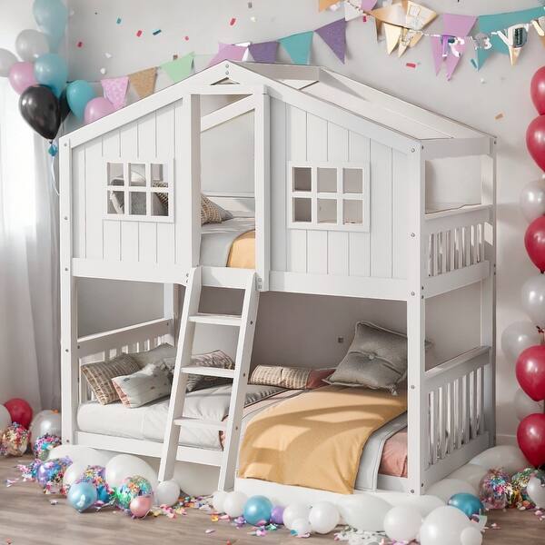 slide 2 of 9, Modren Twin Over Twin House Bunk Bed With Ladder And Solid Construction For Bedroom White