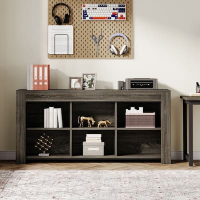 Horizontal Bookcase with 6 Cubes , Rustic Wood Bookshelf