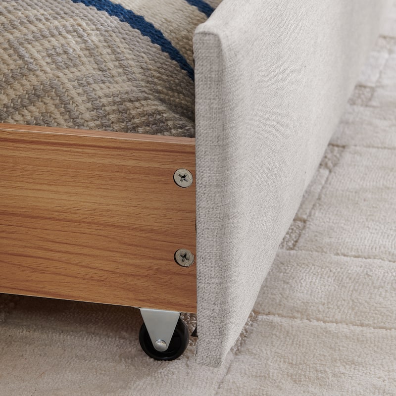 Roomfitters Queen Upholstered Daybed with Trundle and Storage Drawers, Vertical Striped Linen Sofa Bed