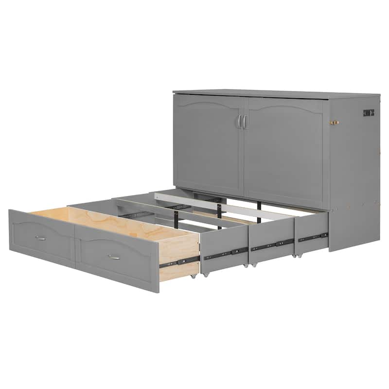 Folding Murphy Bed Queen Size Wall Cabinet Bed with Storage Drawer, Charging Station and Pulley Structure Design