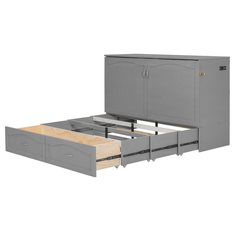 Queen Size Murphy Bed with USB Ports, Drawers, and Pulley Structure Design