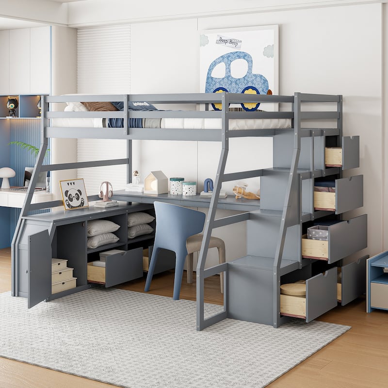 Full Size Loft Bed with 7 Drawers 2 Shelves and Desk - Gray