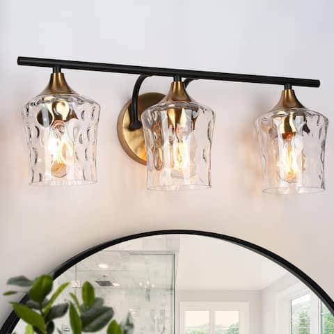 2/3/4-Light Modern Gold Bathroom Vanity Light Wall Sconce with Hammered Glass