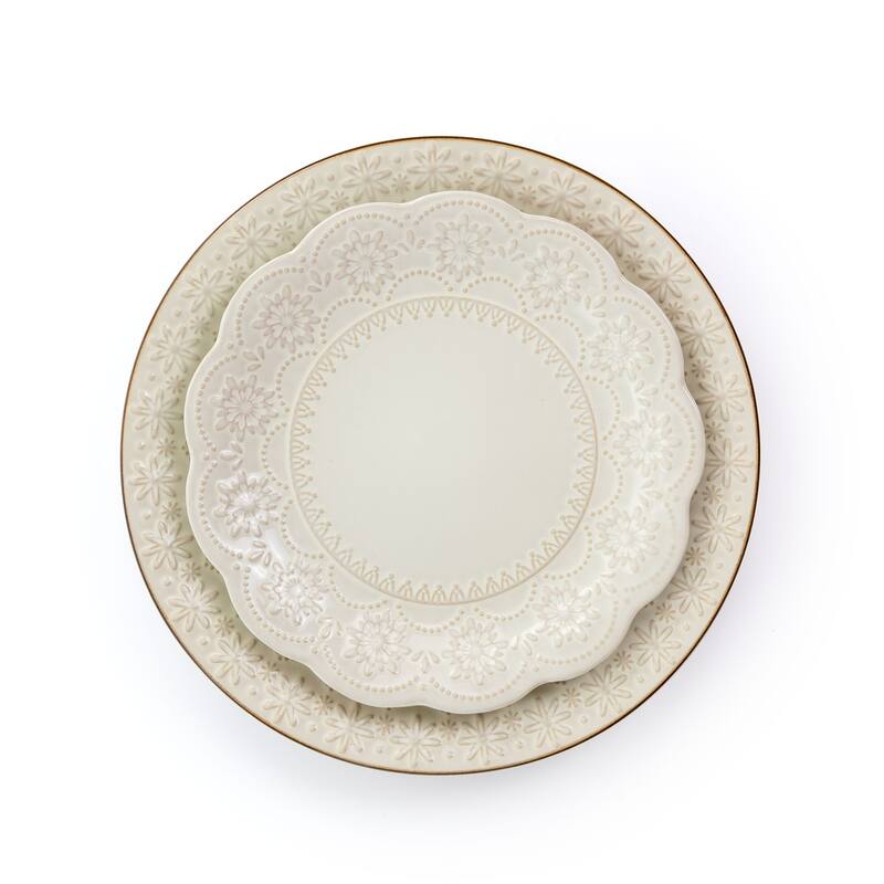 Doily Pattern Stoneware Dinnerware 16 Piece Set in Egg Shell