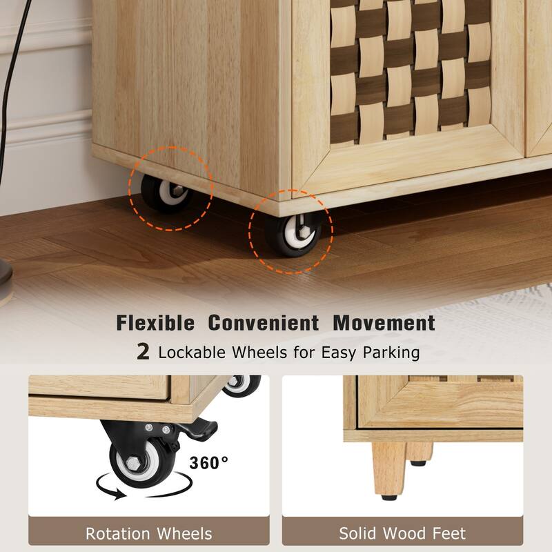 53.2″ Woven Checkerboard Kitchen Island Cart with Drop Leaf, Power Outlets & Storage