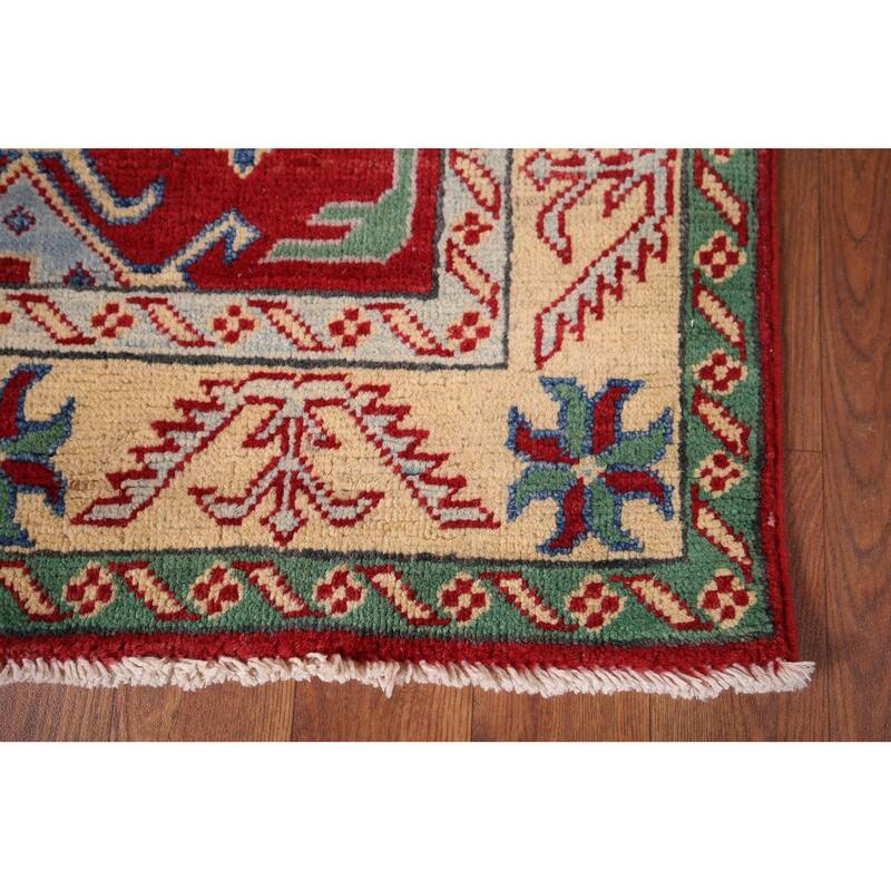 Geometric Red Kazak Oriental Runner Rug Handmade Wool Carpet - 2'6" x 16'0"