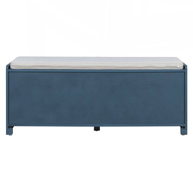 Rustic Storage Bench Multifunctional Wood Entryway Shoe Bench with Removable Cushion, Woven Rattan Doors & Adjustable Shelves