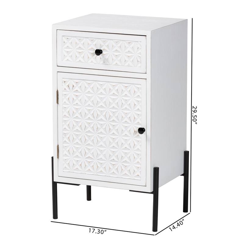 Nefeli Mid-Century Transitional White Finished Wood and Black Metal 1-Drawer Storage Cabinet