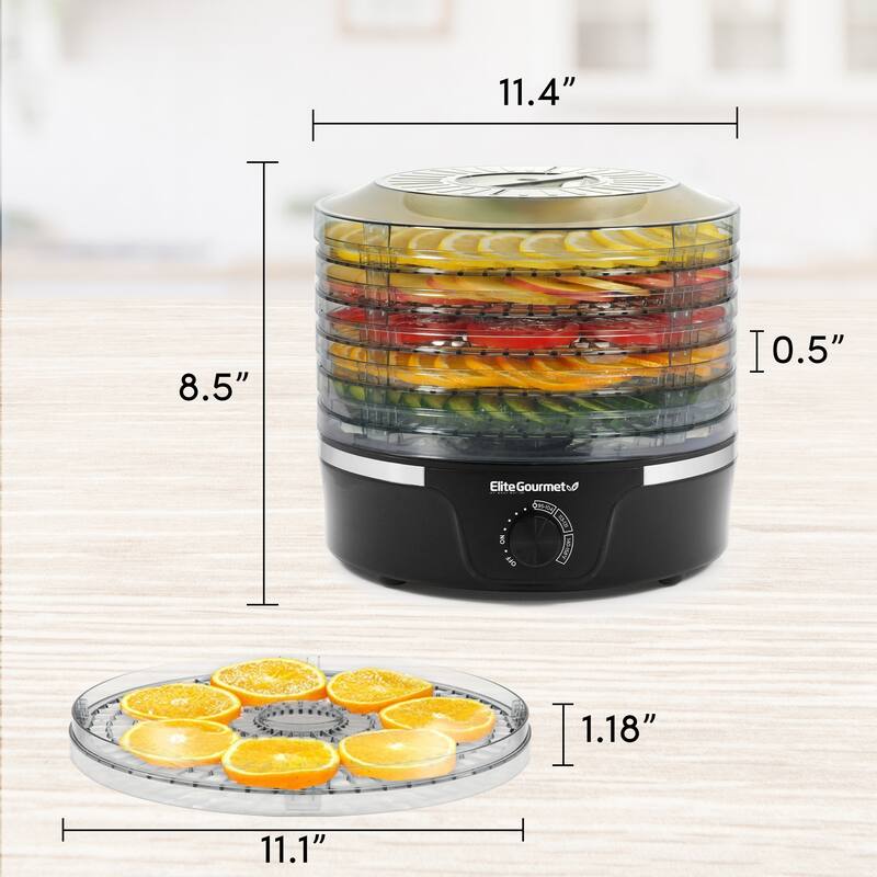 Elite Gourmet Food Dehydrator with Adjustable Temperature Dial and 5 Trays, Black with Clear Trays