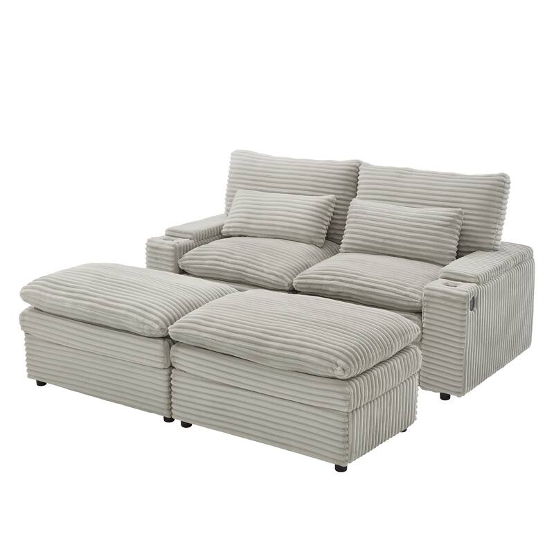 L-Shaped Corduroy Sectional Sofa w/ USB Ports & Cup Holders, 2-seater Sofa Loveseat w/ 2 Ottomans, Convertible Sleeper Sofa Bed