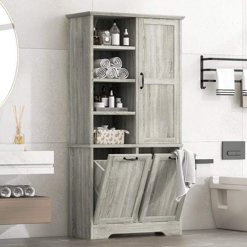 Bathroom Storage Cabinet with Doors and Drawers, Tilt-Out Laundry Hamper, Freestanding Style, Open Shelve, Adjustable Shelf