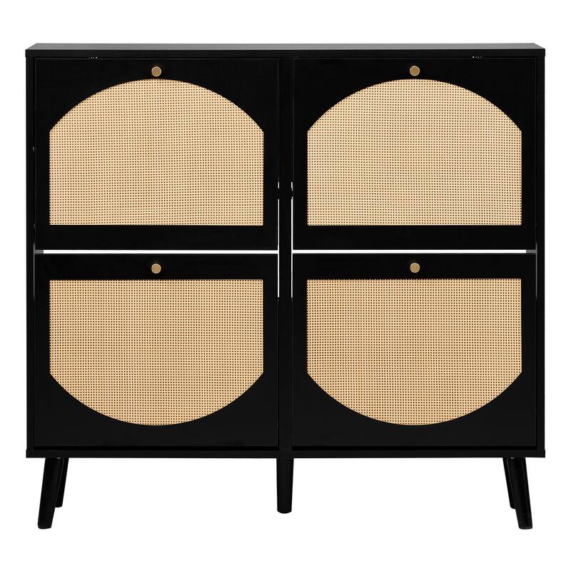 Space-Saving Black Shoe Cabinet with Dual-Tier Flip Storage and Breathable Rattan Panels - 41.34” (L) x 9.45” (W) x 38.58” (H)