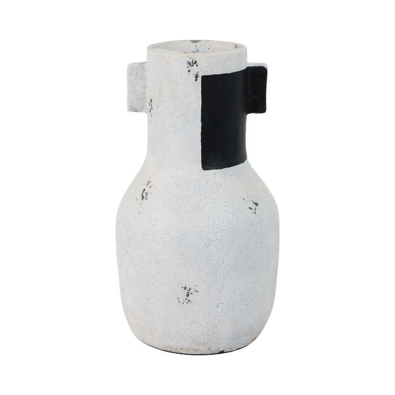 Handcrafted Terracotta Sculptural Flower Vase with Textured Finish - Ivory/ Black - 8" x 8" x 15"