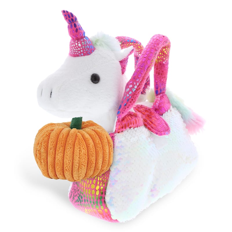 DolliBu Plush Pet Carrier Pink Unicorn Stuffed Animal w/ Pumpkin Decor - 9 inches