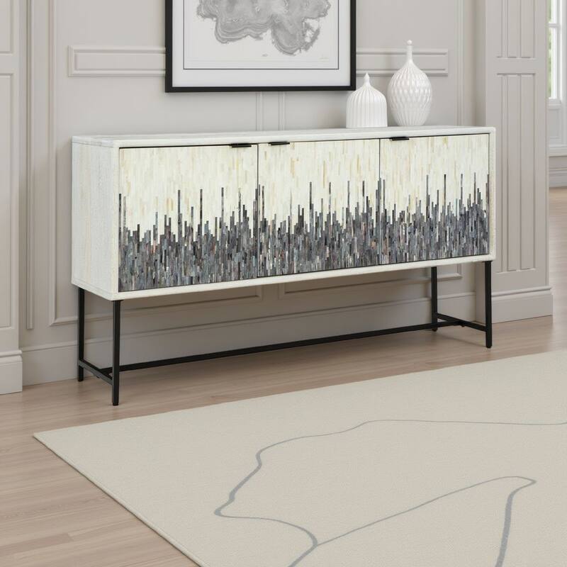 Sideboard Cabinet Console, Strip Pattern Wood, Black White 64 Inch