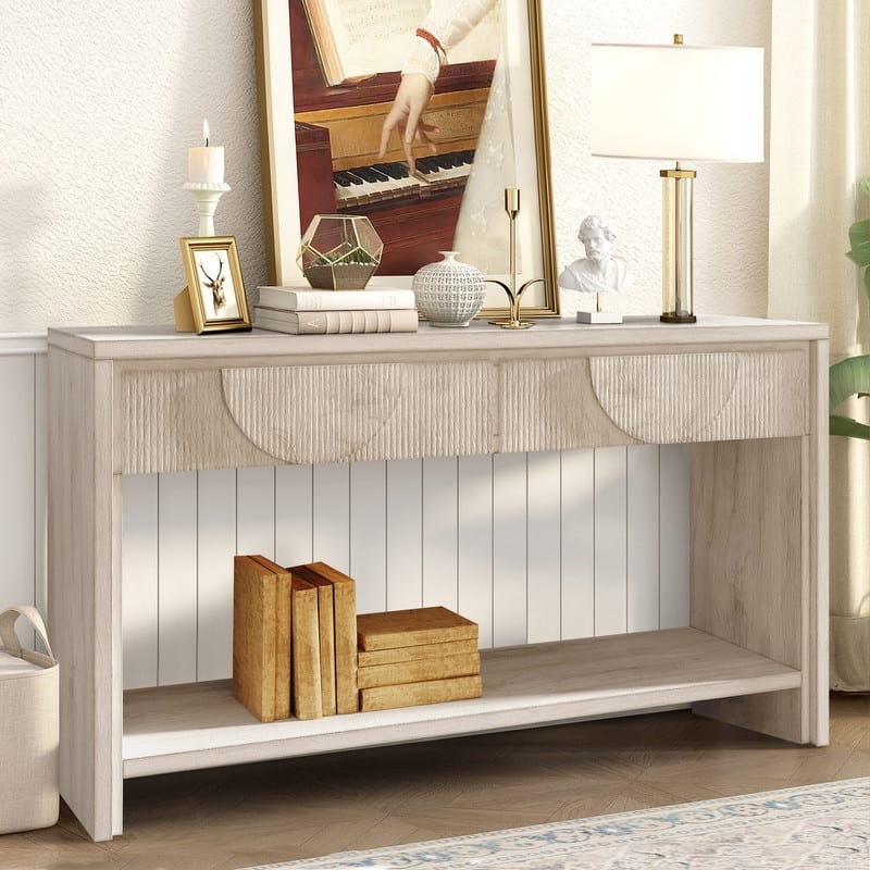Farmhouse 55.12" Console Table with Distressed Wood Finish and Fluted Drawers for Living Rooms