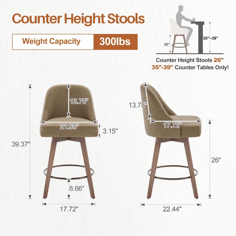 26" Counter Height Swivel Bar Stool, Upholstered Counter Stools - 39.37" (H) x 22.44" (D) x 21.65" (W)