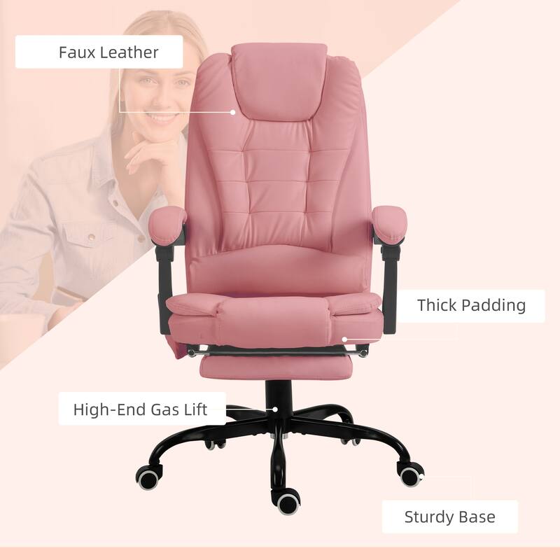 Pink Faux Leather Adjustable Height Massage Office Chair with Footrest and Side Pocket - 26.5"W x 31.1"D x 43.75"-47.75"H
