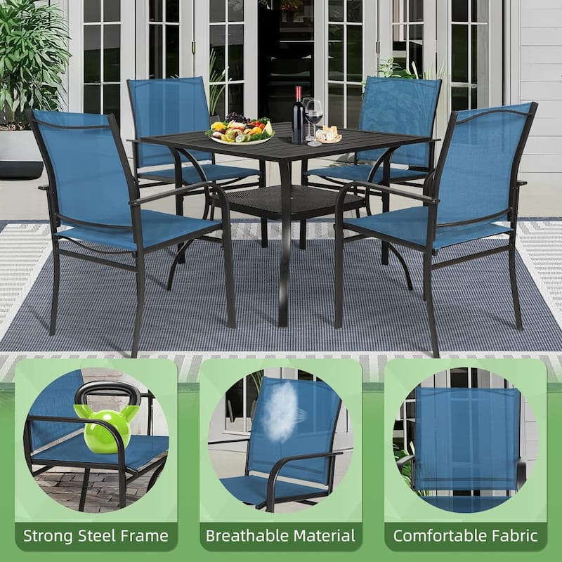 5 Piece Outdoor Patio Metal Dining Set of 6 Textilene Chairs and Square Table with Umbrella Hole