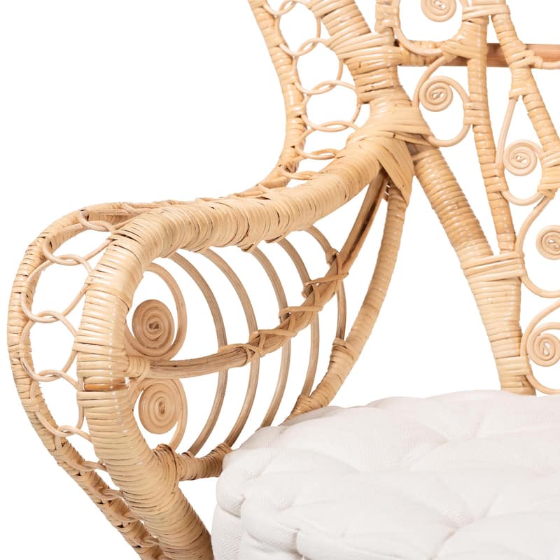 Kimiko Natural Rattan Peacock Chair with Cushion - Handwoven Wicker Accent Chair with Fan Backrest, Boho Coastal Seating
