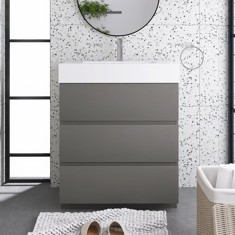 Freestanding Bathroom Vanity with White Solid Surface Top - 29.9'' x 18.1'' x 37'' - Gray 