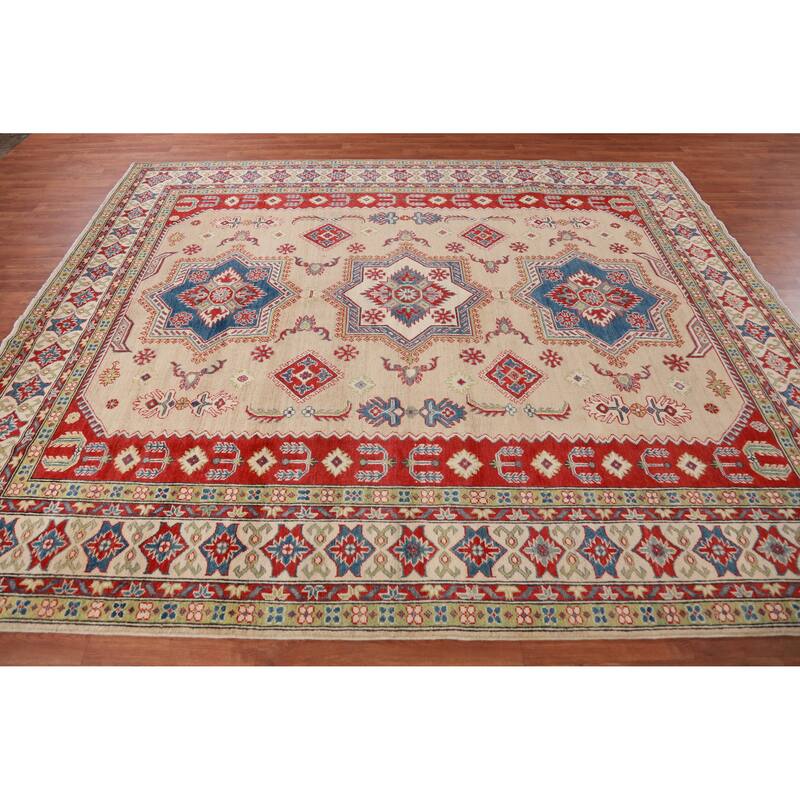 Hand Knotted Oriental 100% Wool Carpet Traditional Geometric Peach Kazak Area Rug - 9' 9'' X 8' 4''