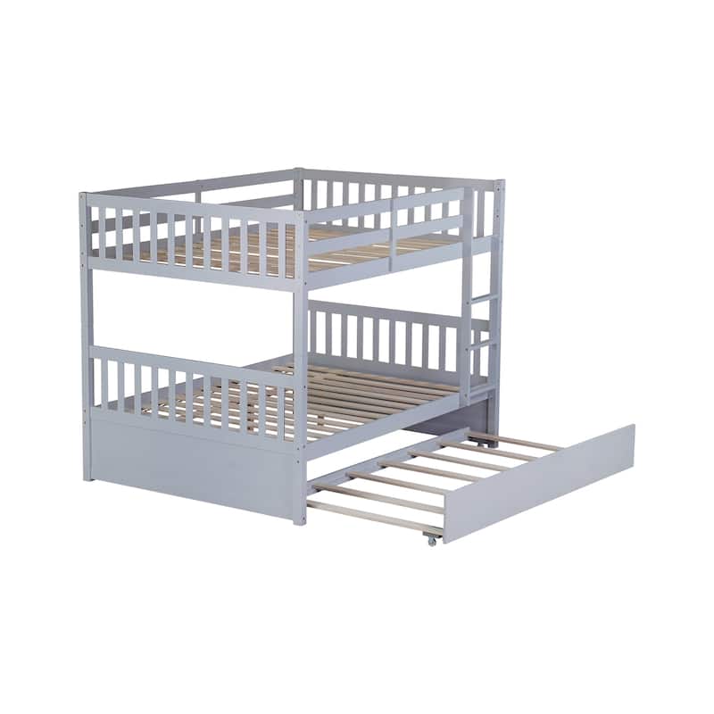 Convertible Full Over Full Rubber Wood Bunk Bed with Trundle, Ladder and Guardrails