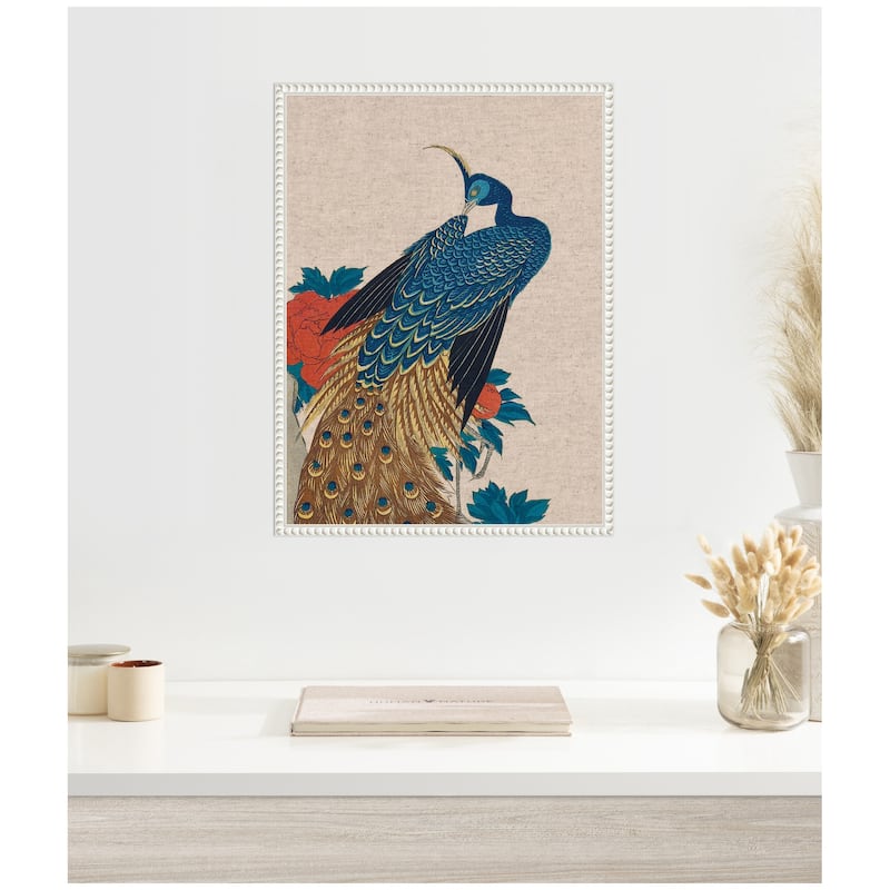 Kate and Laurel Sylvie Peacock and Peonies 1840 Utagawa Hiroshige Neutral Linen Framed Canvas by The Art Institute of Chicago