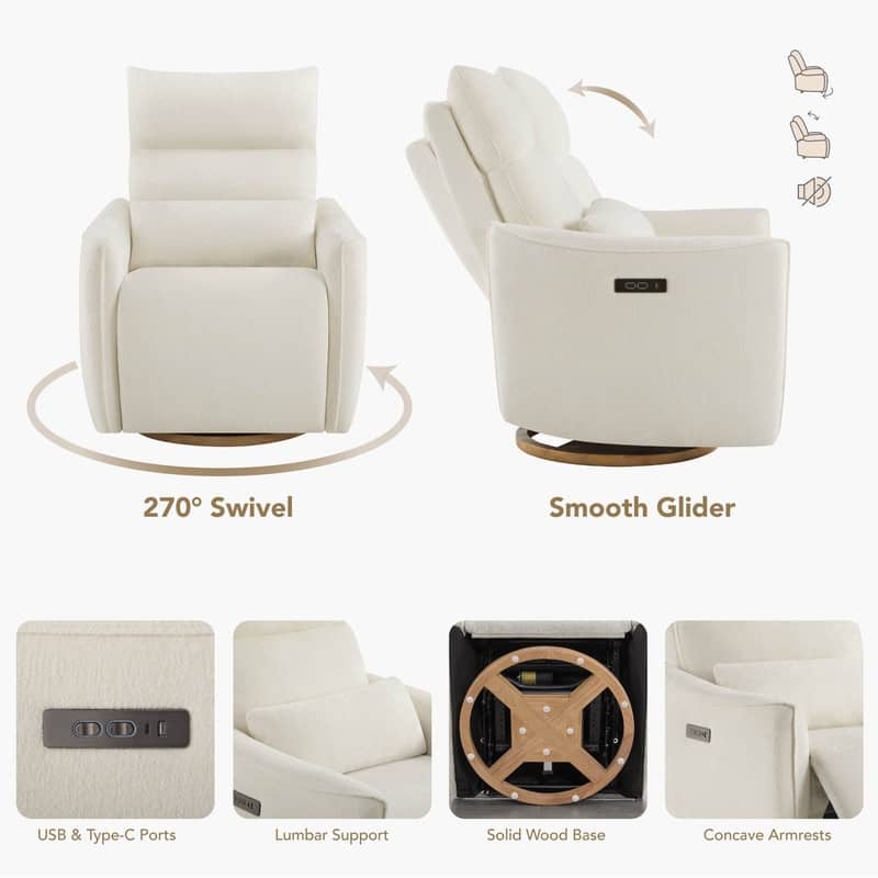 Spruce & Spring Power Swivel Recliner Chair Dual-Motor Nursery Glider with Lumber Pillow