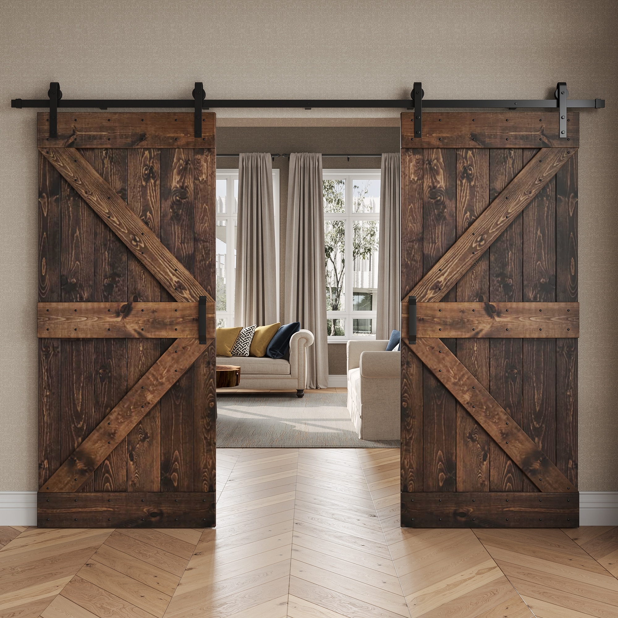 Coast Sequoia 48in/60in/72in/76in/84in x 84in K Series Pine Wood Double Sliding Barn Door With Hardware Kit