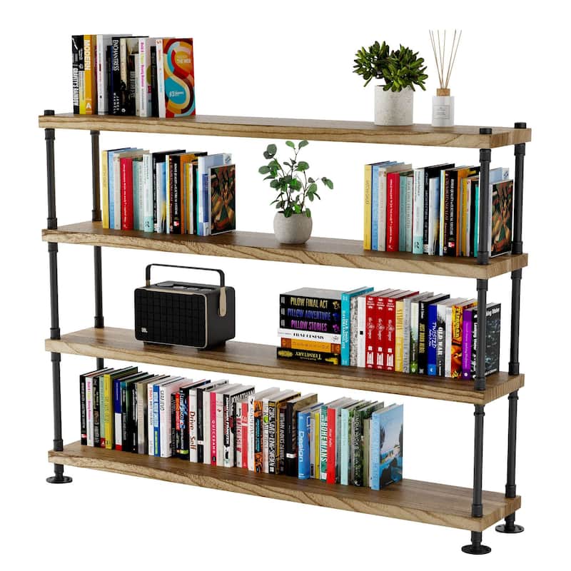 Wallniture 60 inch Long Pipe Bookcase, 11.25'' Deep & 1.5'' Thick Hanging Wood Shelf for Home Organization, Rustic, Tier Options