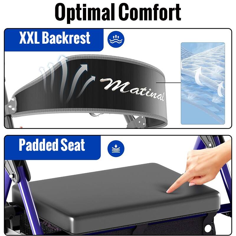 Matinal Foldable Rollator Walkers with Seat for Seniors, 350 lb Capacity, 8'' Big Wheels, 6-Position Height