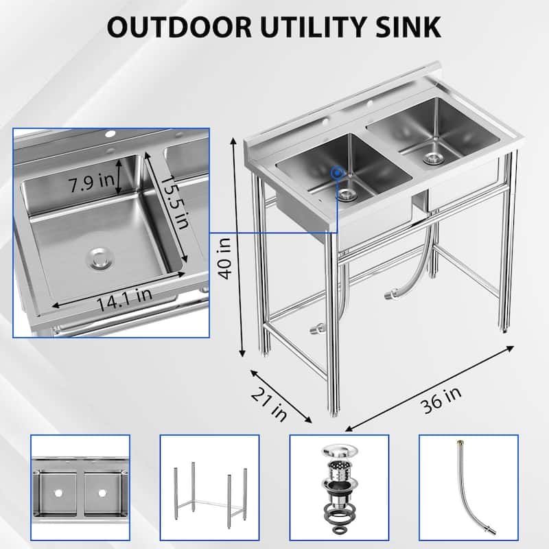 Stainless Steel Sink, Double Bowl, 36in