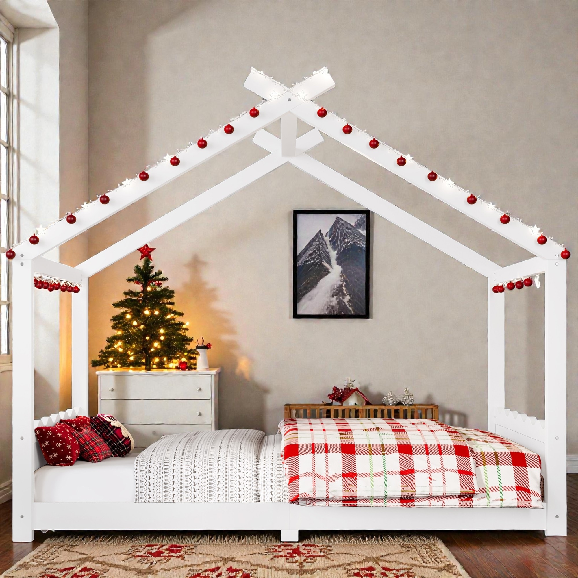 Kids Solid Wood House Floor Bed with Support Slats, Montessori Low Profile Bed, No Box Spring Needed