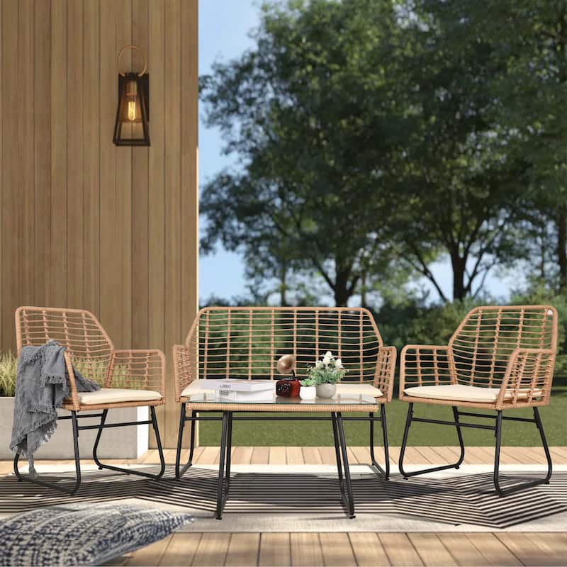 Vrakae 4 Piece Outdoor Patio Rattan Wicker Conversation Set - Beige